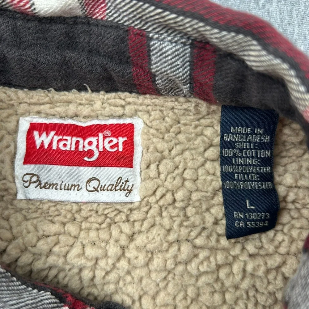 Wrangler Sherpa Lined Flannel Shacket Mens Large Brown Red Plaid Jacket Workwear